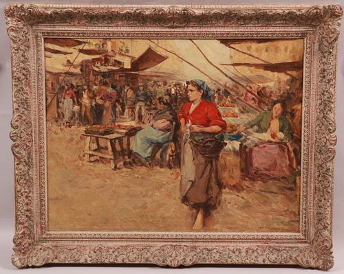 Impressionist Market Scene, Oil on Canvas