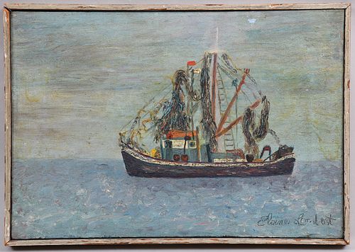 Fishing boat, oil on canvas, signed Elaine Lambert