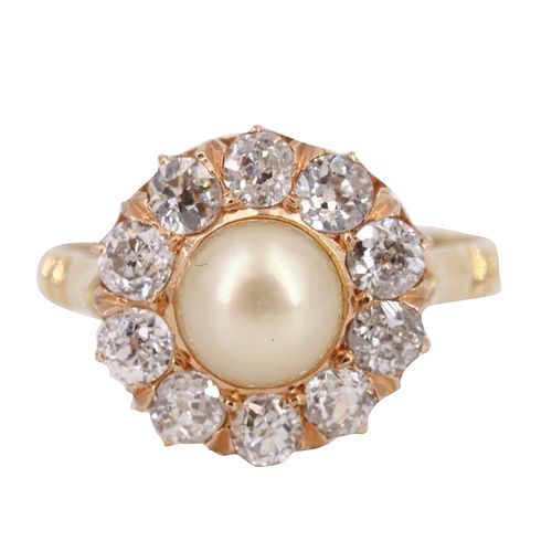 Antique 18k Gold Rosetta Ring with Diamonds & Pearl