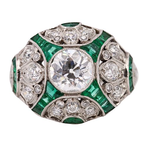 Art Deco Platinum Ring with Diamonds & Emeralds