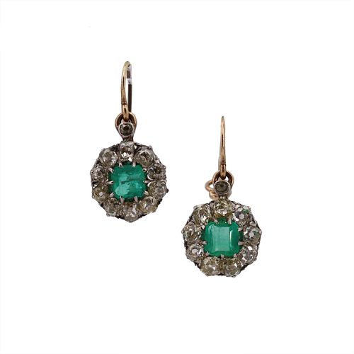 Vintage 18k Gold & Platinum Emerald and Diamonds Earrings
