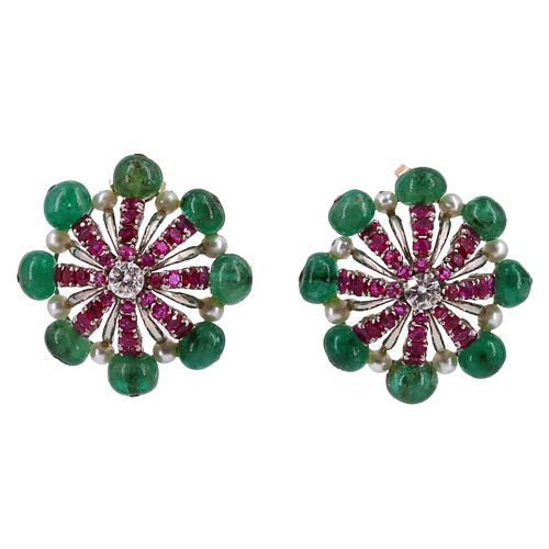 18k Gold Cocktail Earrings with Diamond, Emerald, Rubies & Pearls