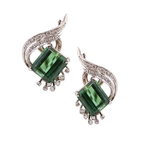 Art Deco Platinum Earrings with Tourmalines & Diamonds