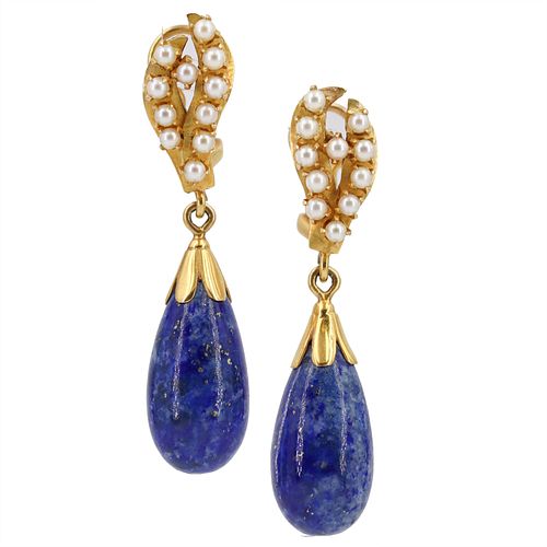 Vintage 18k gold Drop Earrings with Lapis lazuli & Pearls