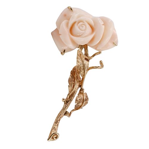 Coral & 14k Rose Gold Flower Brooch