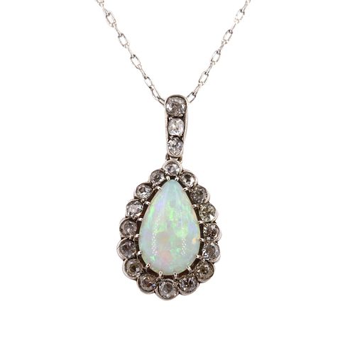 Opal & Diamonds Antique Platinum Pendant Necklace