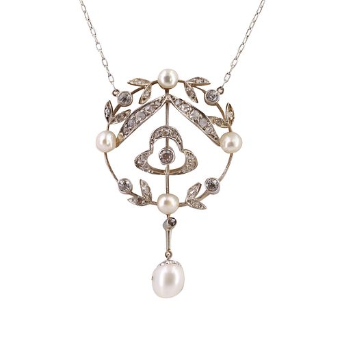 Deco  18k Gold Pendant Necklace with Diamonds & Pearls 