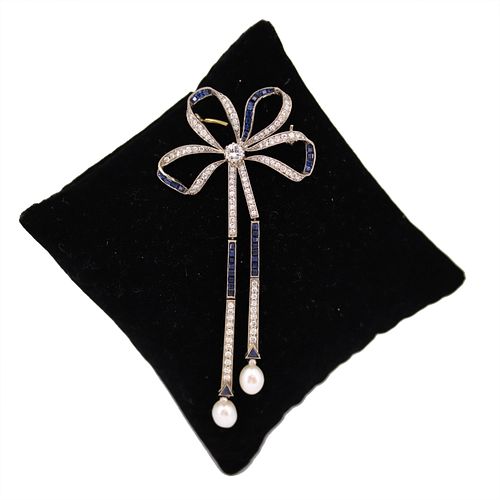 Antique 18k Gold Bow Brooch with Sapphires and Diamonds