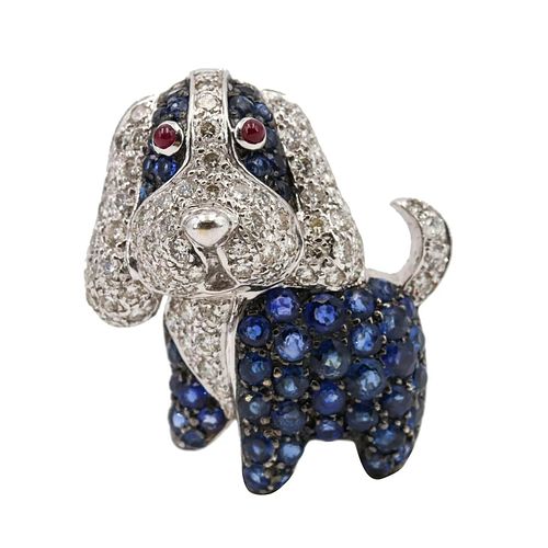Pave Diamonds & Sapphires 18k Gold Dog Pendant / Brooch