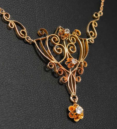 Arts & Crafts Period 10k Gold & Diamond Scrollwork Pendant Necklace c1910s