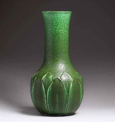 HugeÂ Grueby Pottery Matte Green Overlapping Leaf Vase c1905