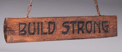 RoycroftÂ Motto â€œBUILD STRONGâ€ Hand-Carved Half Log c1905