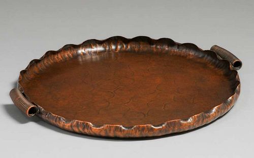 Arts & Crafts Hammered Copper Two-Handled Serving Tray c1920s