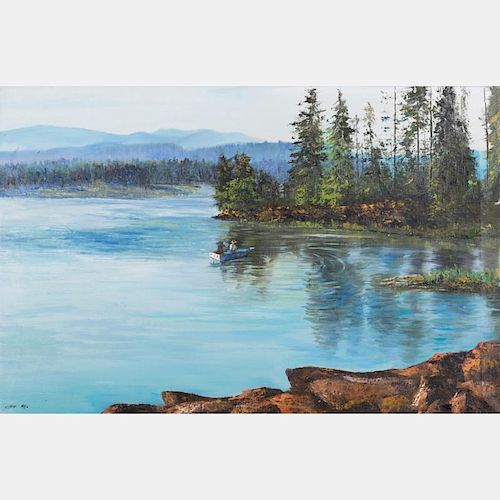 Chen Mao (1942-2011) Lake Scene in Boat, Oil on canvas,