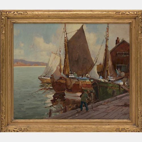 Jan Madden (American, 19th Century) Harbor Scene, Oil on canvas,