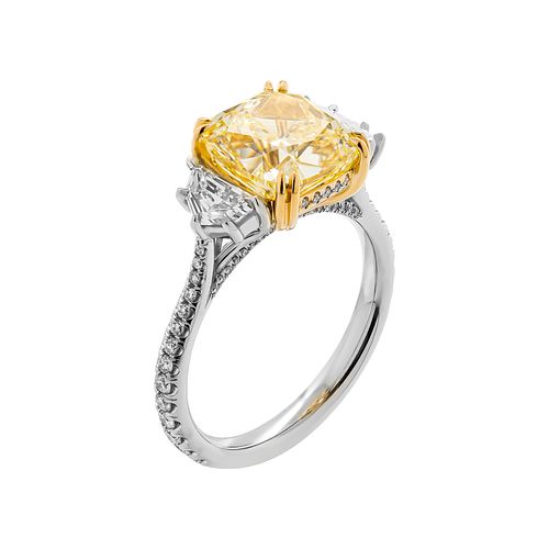 GIA Certified 4.17ct Cushion Fancy Light Yellow Three-Stone Ring Size 6.5