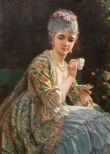 PORTRAIT OF A LADY DRINKING TEA OIL PAINTING