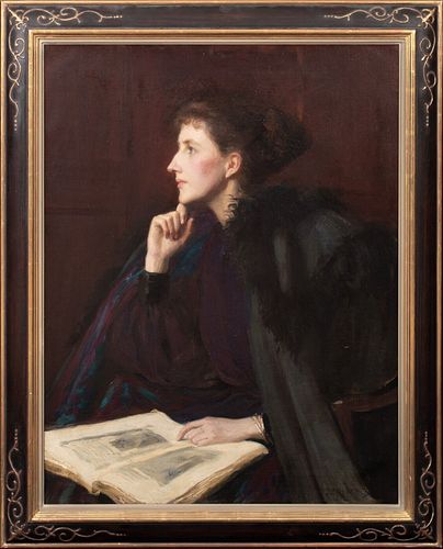 PORTRAIT OF A LADY IN BLACK READING OIL PAINTING