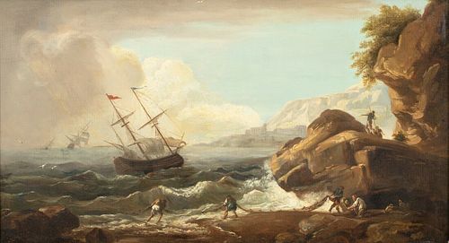 SHIPS OFF THE ROCKS & FIGURES OIL PAINTING