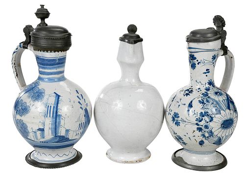 Three Delft Tin Glazed Pottery Jugs