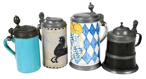 Group of Four Pewter Topped Steins