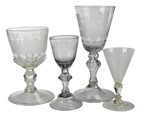 Four Engraved Glass Goblets, Probably Dutch