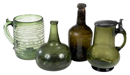 Four Continental Green Glass Table Items