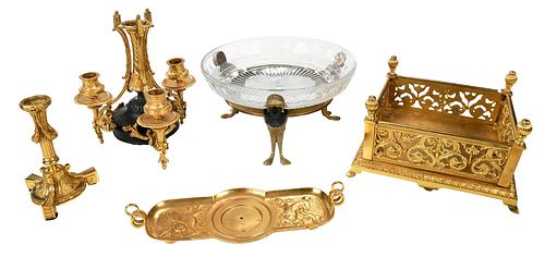 Five Gilt Bronze and Glass Table Objects