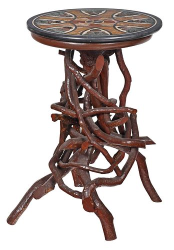 Rustic Chip Carved Side Table with Pietra Dura Top