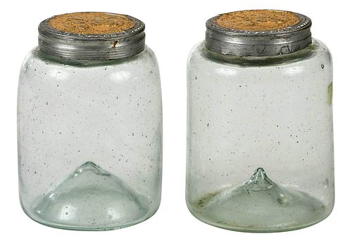 Pair of Theriaca Glass Vessels with Gold Lids