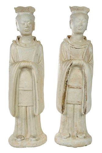 Pair Chinese White Glazed Pottery Officials
