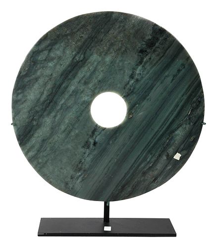 Chinese Carved Jade Bi Disc on Stand