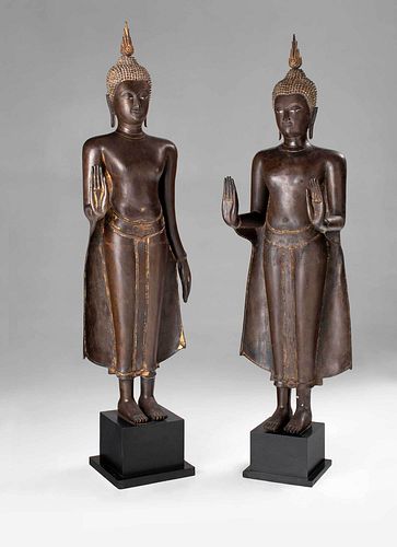 Two Large Thai Standing Bronze Buddhas