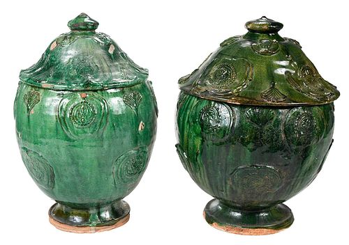 Two Chinese Green Glazed Lidded Urns