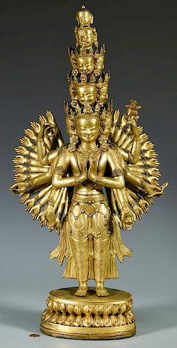 Gilt Bronze Jeweled Avalokitesvara Sculpture