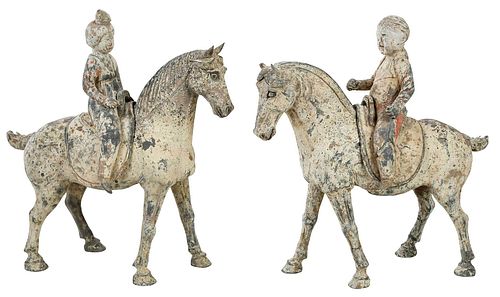 Two Chinese Ceramic Horses with Saddle and Rider