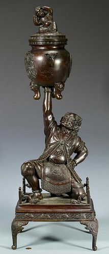 Large Japanese Meiji Bronze Oni w/ Urn