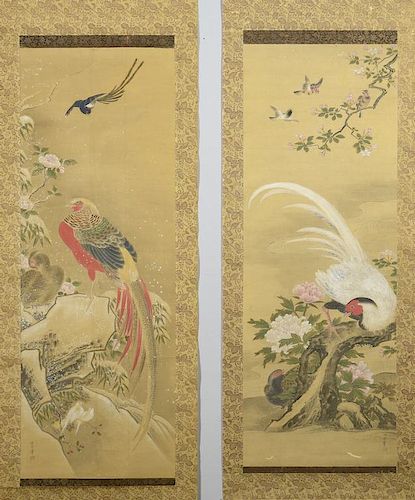 Pair Japanese Kano Scrolls from 4 Seasons