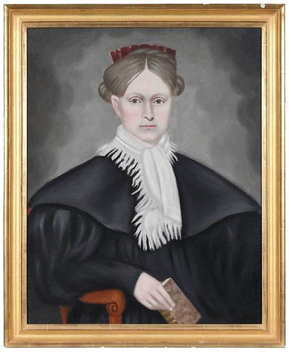 Folk Art Portrait of a Seated Lady Holding Book