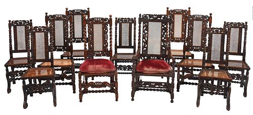 Assembled Set of 11 Charles II Carved Dining Chairs
