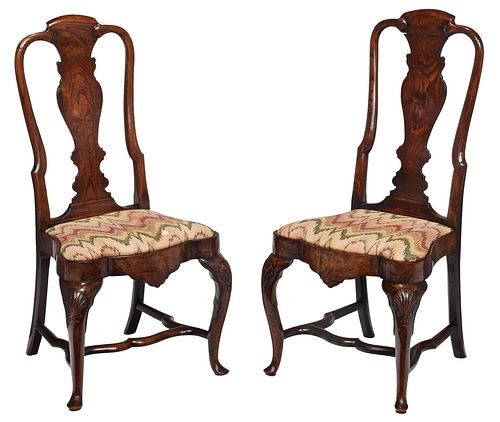 Pair Queen Anne Shell Carved Burlwood Side Chairs