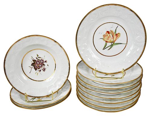 Eleven Chamberlain Worcester Hand Painted Floral Dishes