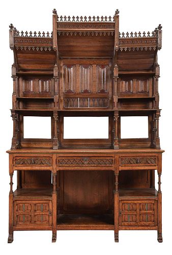Gothic Revival Carved Oak Sideboard Cabinet