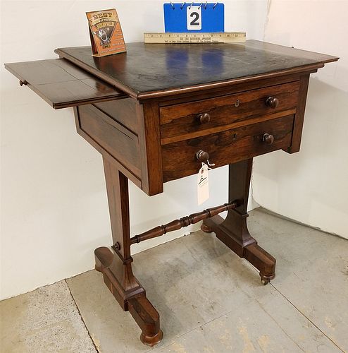 19TH C ROSEWOOD 2 DRAWER WORK TABLE W/ PULL OUT SIDE SHELVES AND A CHECKERBOARD TOP 29 1/2"H X 20"W X 20"D CORDTS MANSION