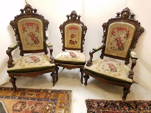 PR RENAISSANCE REVIVAL WALNUT ARMCHAIRS W/ NEEDLEPOINT UPHOLS W/ MATCHING SIDE CHAIR CORDTS MANSION