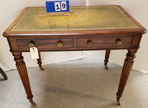19TH C ENGLISH MAHOG 2 DRAWER LIBRARY TABLE W/ LEATHER TOP 30"H X 36"W X 23 1/2"D CORDTS MANSION
