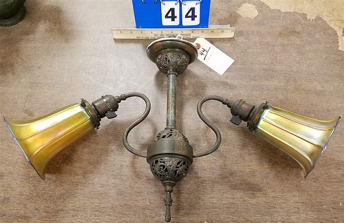 BRASS ELEC HANGING FIXTURE WITH ART GLASS SHADES 15 1/2"H X 24"W CORDTS MANSION
