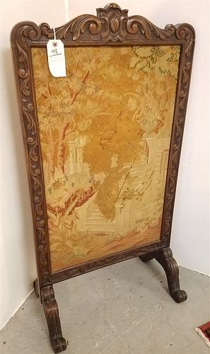 19TH C CARVED WALNUT FRAMED FIRE SCREEN W/ TAPESTRY PANEL 44 1/2"H X 23 1/2"W CORDTS MANSION