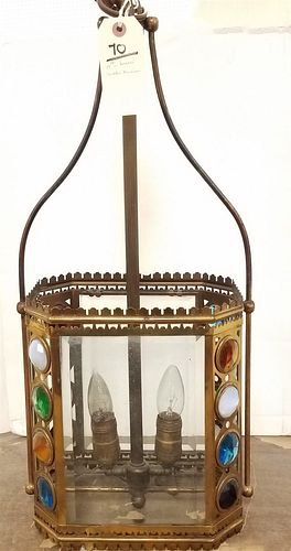 19TH C BRASS HALL LANTERN W/ GEMS AND BEVELLED GLASS 25"H X 11"W X 7"D CORDTS MANSION