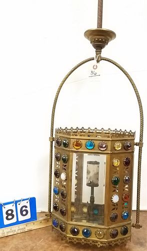 19TH C BRASS HANGING LANTERN W/ GEMS AND BEVELLED GLASS STILL GAS- NOT ELEC 40"H X 11 1/2"W X 8"D CORDTS MANSION